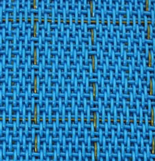 A blue anti-static polyester filter fabric in 3/2 twilled weave with warp and weft conductive threads to dissipate electrostatic.